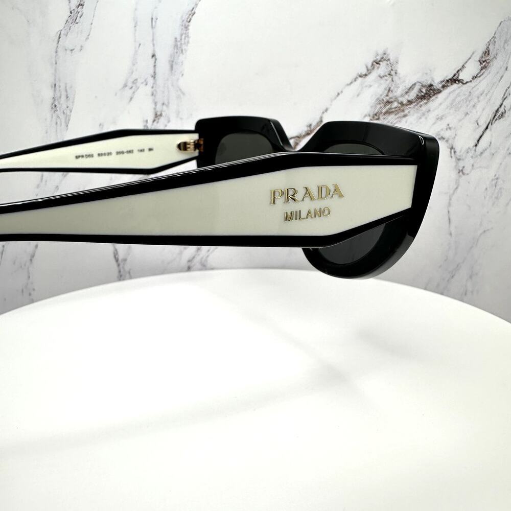 New PRADA Sunglasses Black White Talc Gold Symbole Oval Cat Eye Womens - Picture 5 of 16